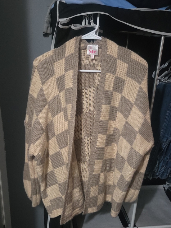 ME Makeover Essentials Sweaters - ME Makeover Essentials Checkered Open-Front Cardigan in Beige and Taupe